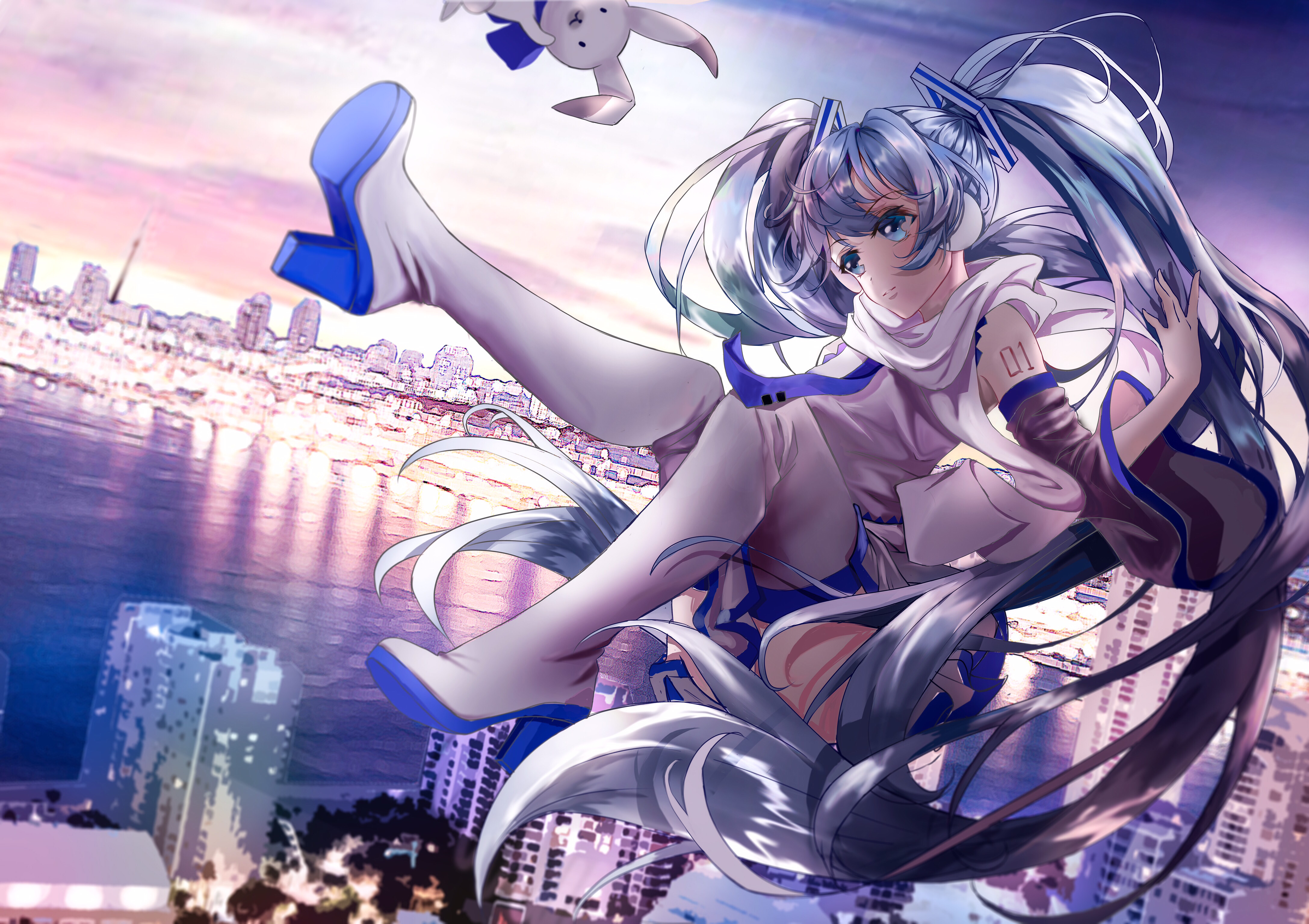 hatsune miku, rabbit yukine, yuki miku, yuki miku (2010), vocaloid, absurdres, highres, 1girl, absurdly long hair, animal, ass (pixiv 39703734), bare shoulders, blue eyes, blue hair, blue necktie, blue sky, boots, building, city, closed mouth, cloud, detached sleeves, dot nose, earmuffs, expressionless, floating, full body, gradient sky, grey skirt, grey sleeves, hair ornament, high heel boots, high heels, lace, lace-trimmed shirt, lace trim, lips, long hair, long sleeves, looking ahead, miniskirt, necktie, number tattoo, ocean, outdoors, pleated skirt, rabbit, scarf, shirt, shoulder tattoo, skirt, sky, skyscraper, sleeveless, sleeveless shirt, sunrise, tattoo, thigh boots, tie clip, twintails, very long hair, white boots, white scarf, white shirt, white sky, wide sleeves