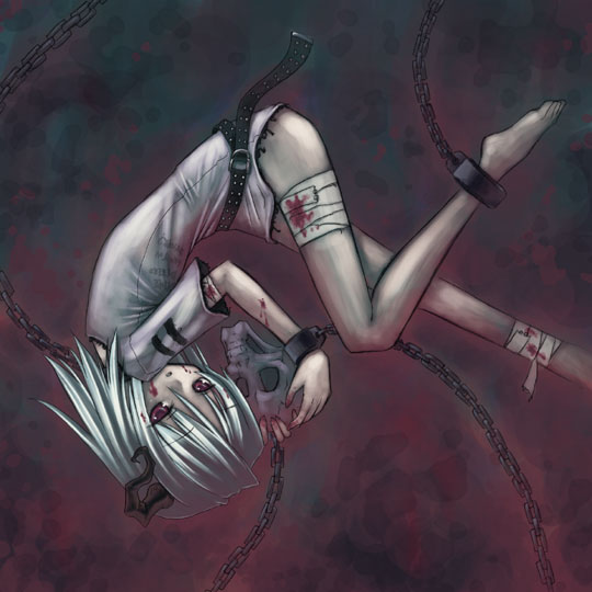 kuroya kei, original, bandages, blood, chain, horns, skull, solo
