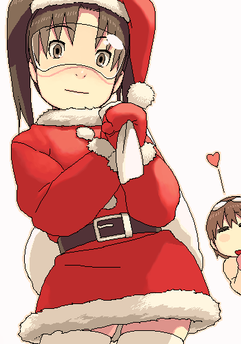 hijiri rei, amasawa yuuko, okonogi yuuko, dennou coil, lowres, 00s, 2girls, christmas, glasses, multiple girls, oekaki, santa costume, thighhighs, twintails