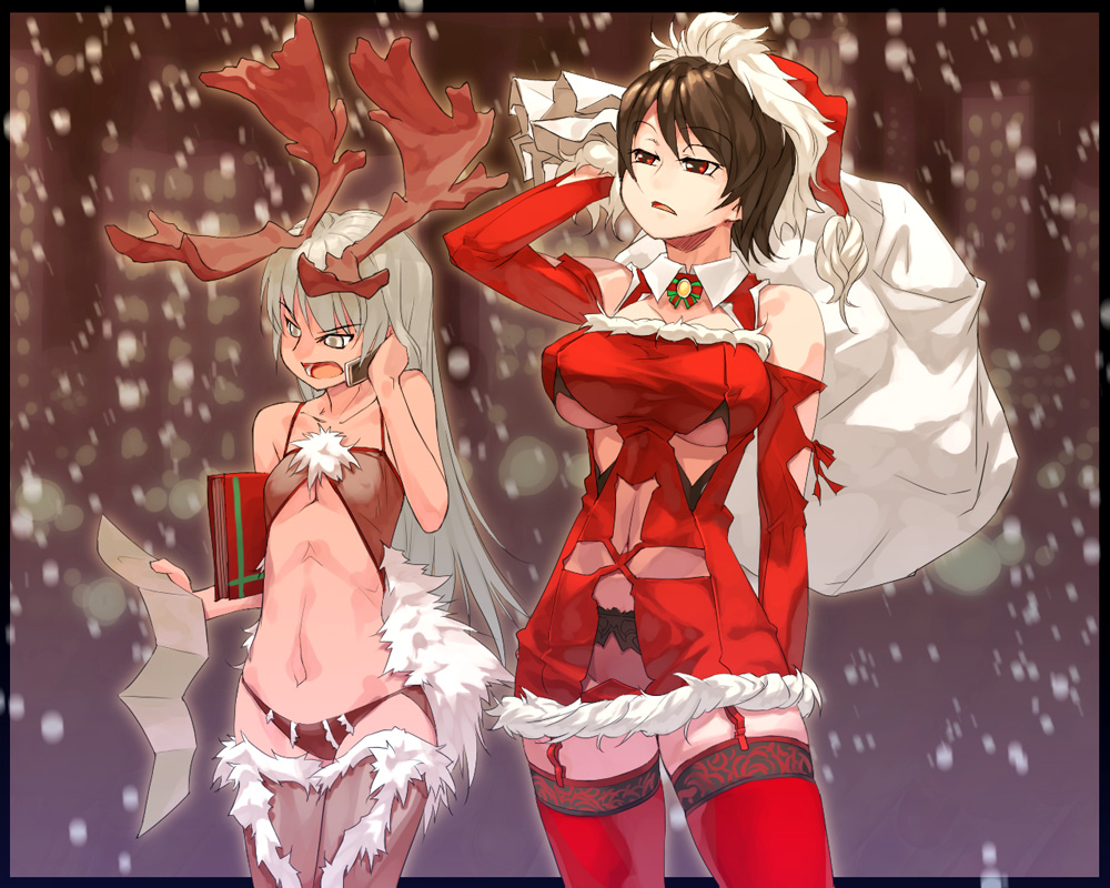 sun-3, original, eyebrows, 2girls, angry, animal costume, antlers, breasts, cellphone, christmas, dark-skinned female, dark skin, garter belt, horns, large breasts, lingerie, multiple girls, note, open mouth, panties, paper, phone, reindeer costume, sack, santa costume, small breasts, snow, snowing, thighhighs, underboob, underwear, zettai ryouiki