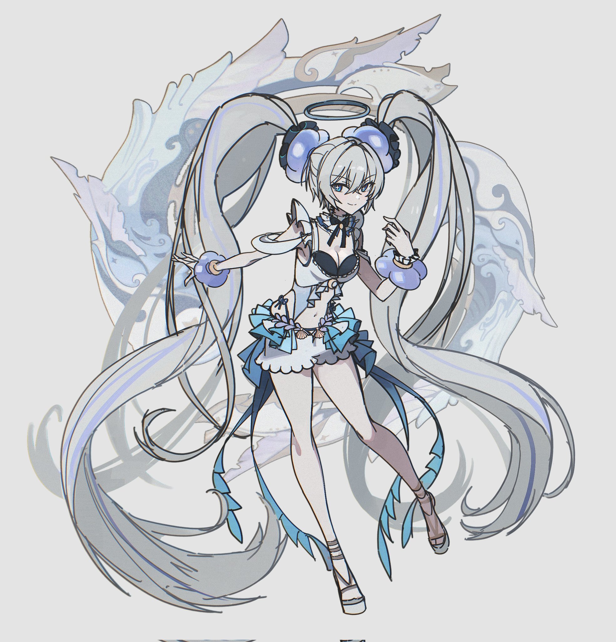 ar at001, luna: oblivion (crystalline glance) (pgr), luna (pgr), punishing: gray raven, highres, 1girl, absurdly long hair, blue eyes, cross-shaped pupils, crossed bangs, grey background, grey hair, hair between eyes, halo, long hair, navel, sidelocks, solo, swimsuit, symbol-shaped pupils, twintails, very long hair