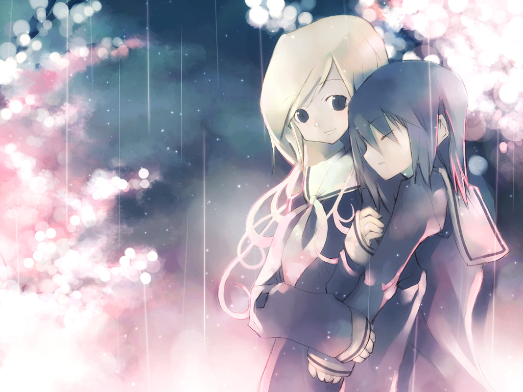 kei (keigarou), nijou noriko, toudou shimako, maria-sama ga miteru, 00s, cherry blossoms, closed eyes, rain, school uniform, serafuku