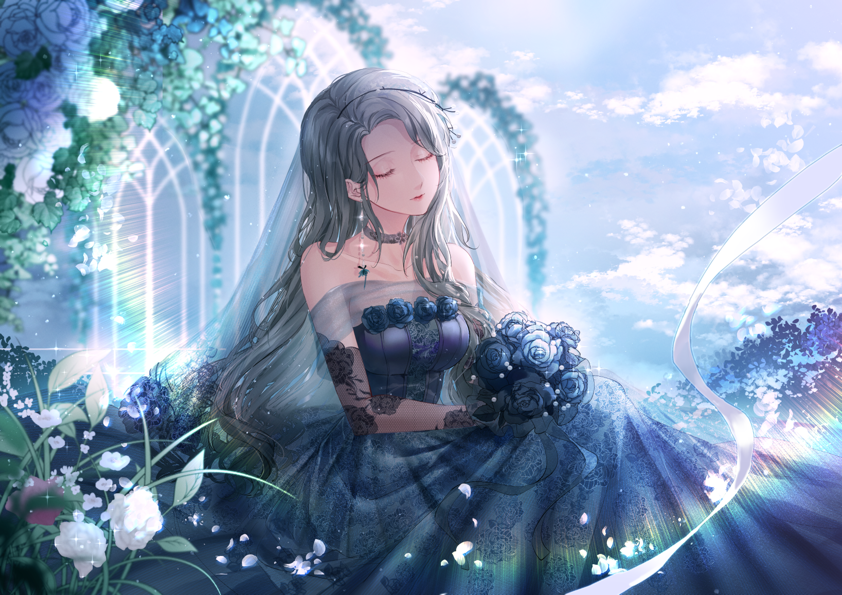 kity1211 tetsu, nikki (series), shining nikki, highres, 1girl, bare shoulders, black choker, black dress, black flower, black gloves, black rose, blue sky, bouquet, bridal veil, bride, choker, closed eyes, closed mouth, cloud, day, dress, dress flower, elbow gloves, eyelashes, feet out of frame, floral print, flower, flower choker, forever love (shining nikki), garden, gloves, gown, grey hair, grey shawl, grey veil, holding, holding bouquet, lace, lace gloves, light particles, lipstick, long hair, makeup, official alternate color, outdoors, pink lips, pleated dress, rose, rose print, see-through clothes, see-through shawl, see-through veil, shawl, single sidelock, sitting, sky, solo, sparkle, strapless, strapless dress, veil, very long hair, wavy hair, wedding dress, white flower, white rose