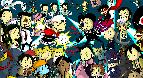 giant robo, 4girls, 6+boys, :d, battle, black hair, blonde hair, blue background, bodysuit, breasts, brown hair, everyone, eyepatch, formal clothes, full body, grin, large breasts, long sleeves, multiple boys, multiple girls, oekaki, open mouth, outstretched arm, scarf, short hair, simple background, smile, solid circle eyes, suit, teeth, wrinkled skin