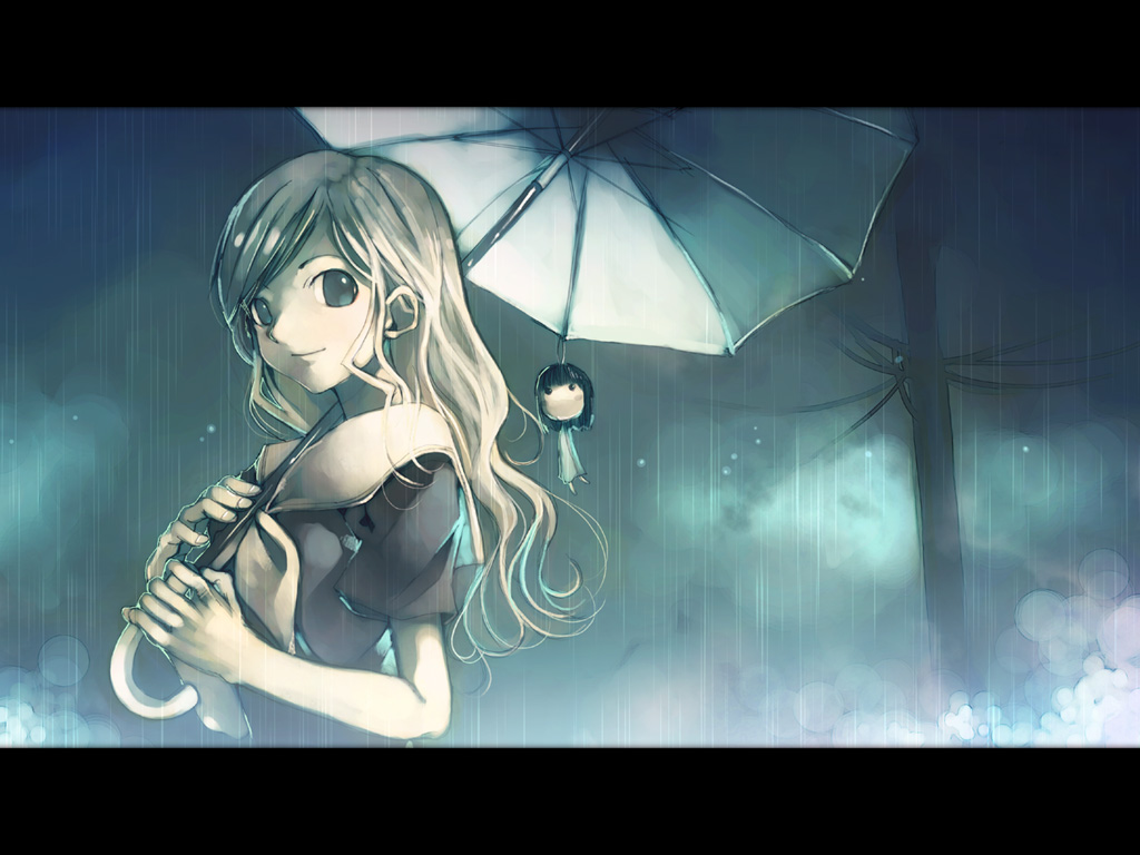 kei (keigarou), nijou noriko, toudou shimako, maria-sama ga miteru, 00s, 1girl, character doll, doll, female focus, letterboxed, long hair, rain, school uniform, serafuku, solo, teruterubouzu, umbrella