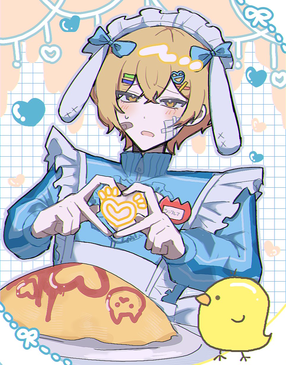 sinclair (project moon), limbus company, project moon, highres, 0 666, 1boy, alternate costume, animal ear hairband, animal ears, apron, baby animal, bird, blonde hair, blue bow, blue jacket, bow, chick, fake animal ears, food, gauze, gauze on cheek, hair ornament, hairband, hairclip, heart, heart hands, jacket, long sleeves, looking at viewer, maid apron, maid headdress, male focus, omelet, omurice, open mouth, rabbit ear hairband, rabbit ears, short hair, simple background, solo, upper body, white apron, white background, yellow eyes