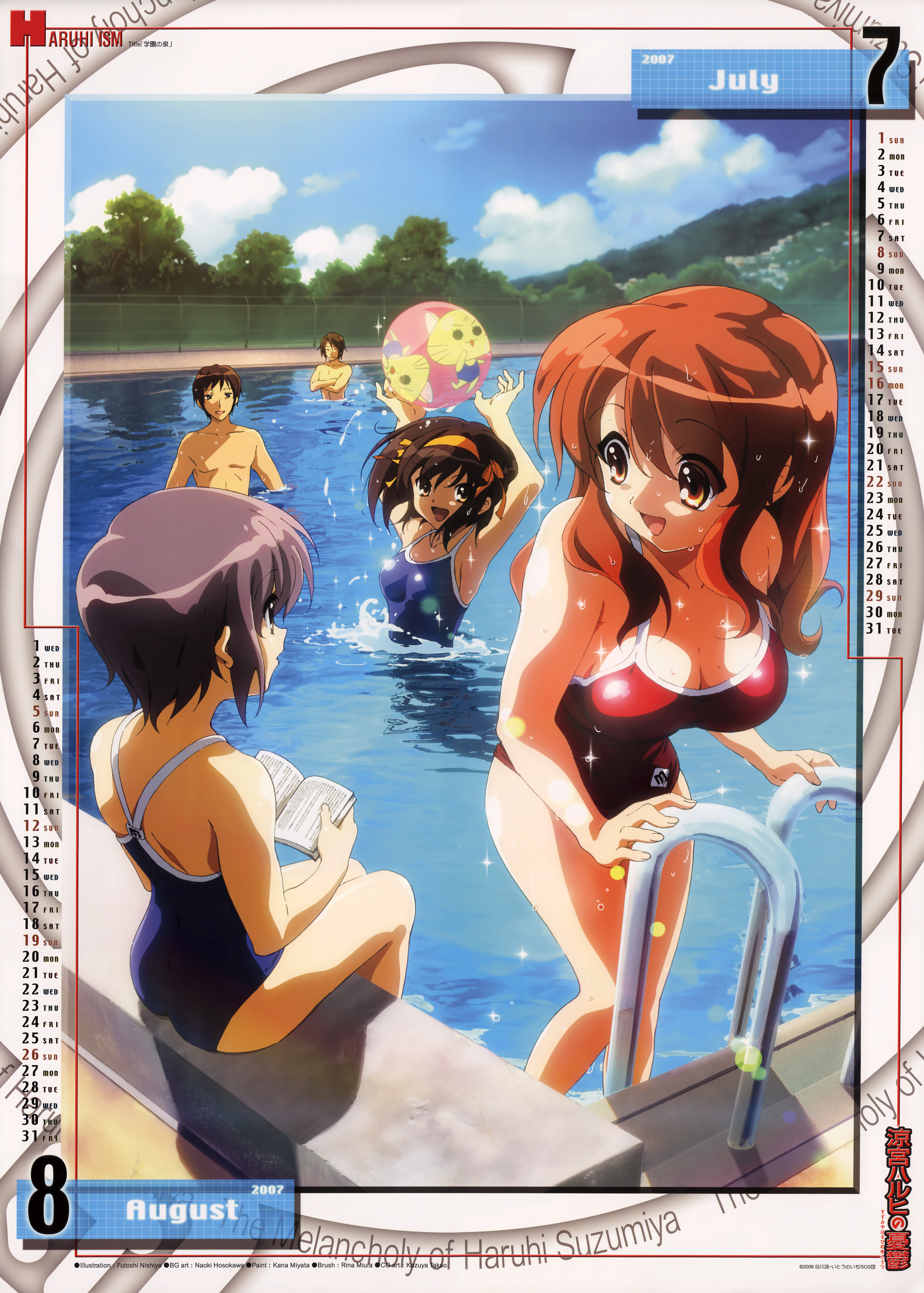 nishiya futoshi, asahina mikuru, koizumi itsuki, kyon, nagato yuki, suzumiya haruhi, suzumiya haruhi no yuuutsu, absurdres, highres, 00s, 2boys, 3girls, :d, armpits, arms up, ball, beachball, book, breasts, brown hair, calendar, cleavage, cloud, competition school swimsuit, crossed arms, day, fence, hair ribbon, hairband, hill, large breasts, medium breasts, mole, mole on breast, multiple boys, multiple girls, one-piece swimsuit, open book, open mouth, outdoors, pool, pool ladder, poolside, ribbon, school swimsuit, short hair, sitting, sky, small breasts, smile, soaking feet, sparkle, swimsuit, tree, water, wet, wet hair