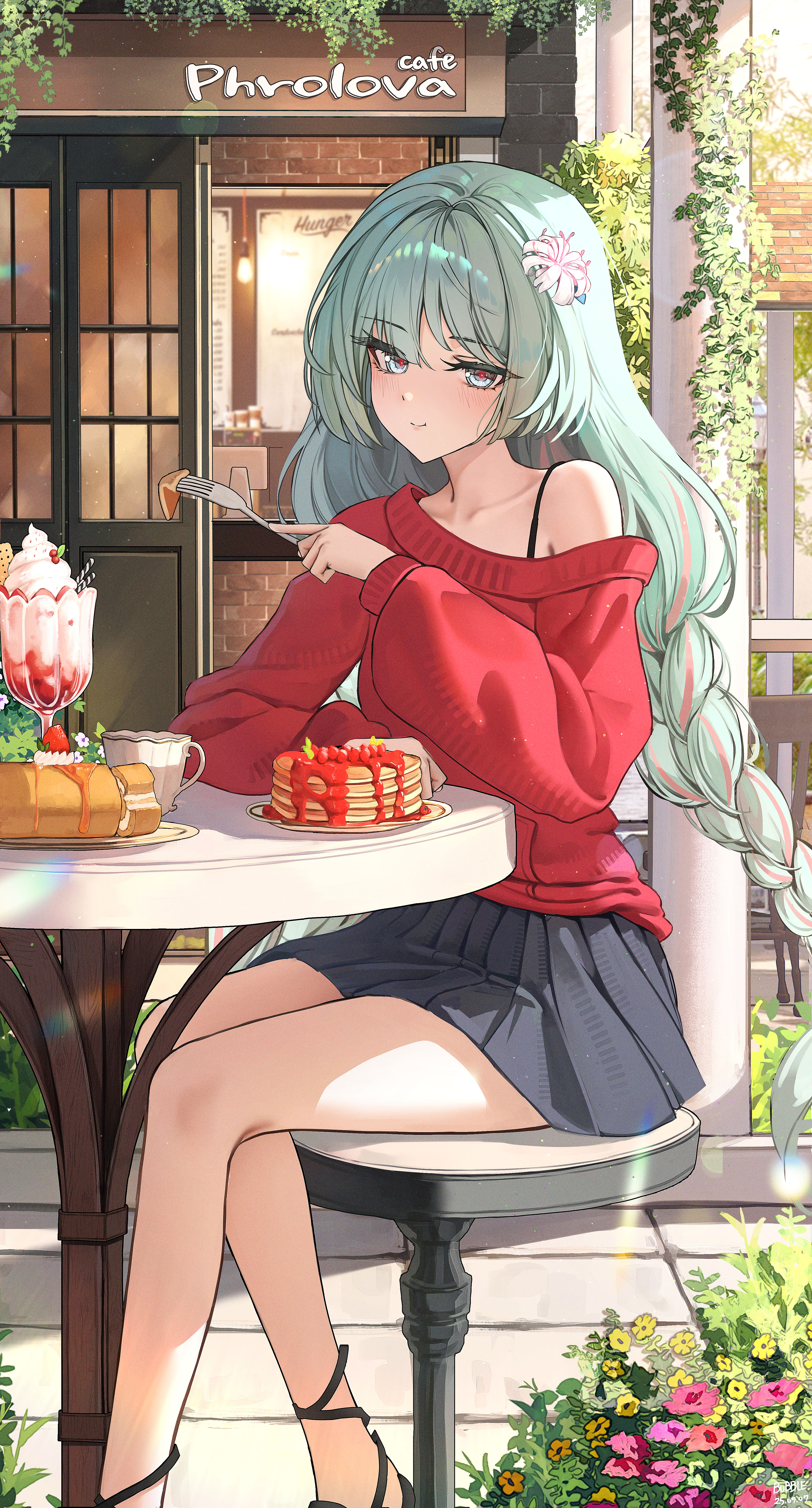 bubble99, phrolova (wuthering waves), wuthering waves, absurdres, commentary request, highres, korean commentary, 1girl, alternate costume, bare legs, braid, breasts, cake, character name, closed mouth, collarbone, cup, eating, flower, food, fork, grey eyes, grey hair, grey skirt, hair flower, hair ornament, holding, holding fork, ice cream, legs, long hair, long sleeves, looking at viewer, low-braided long hair, low-tied long hair, medium breasts, multicolored hair, pancake, pancake stack, red pupils, red sweater, single bare shoulder, single off shoulder, sitting, skirt, smile, solo, spider lily, streaked hair, sundae, sweater, swiss roll, twin braids, white flower, white spider lily