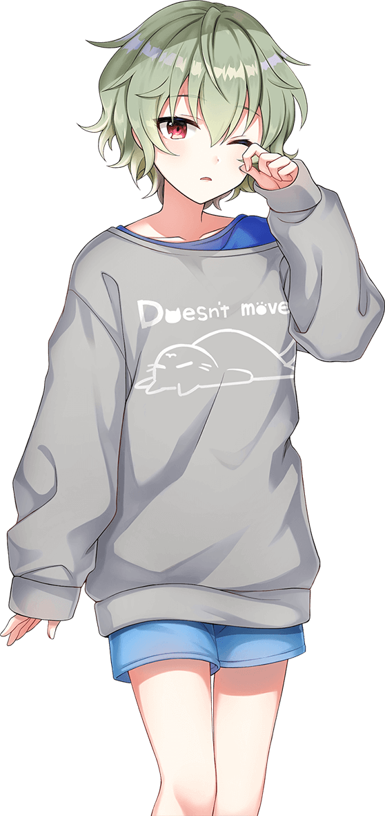 shirako miso, kano shiho, cue!, official art, 1girl, animal print, blue eyes, blue shirt, blue shorts, blush, breasts, cat print, collarbone, cowboy shot, green eyes, green hair, grey shirt, hand up, long sleeves, looking at viewer, one eye closed, open hand, open mouth, parted lips, rubbing eyes, shirt, short hair, shorts, simple background, small breasts, solo, standing, tachi-e, transparent background, wavy hair