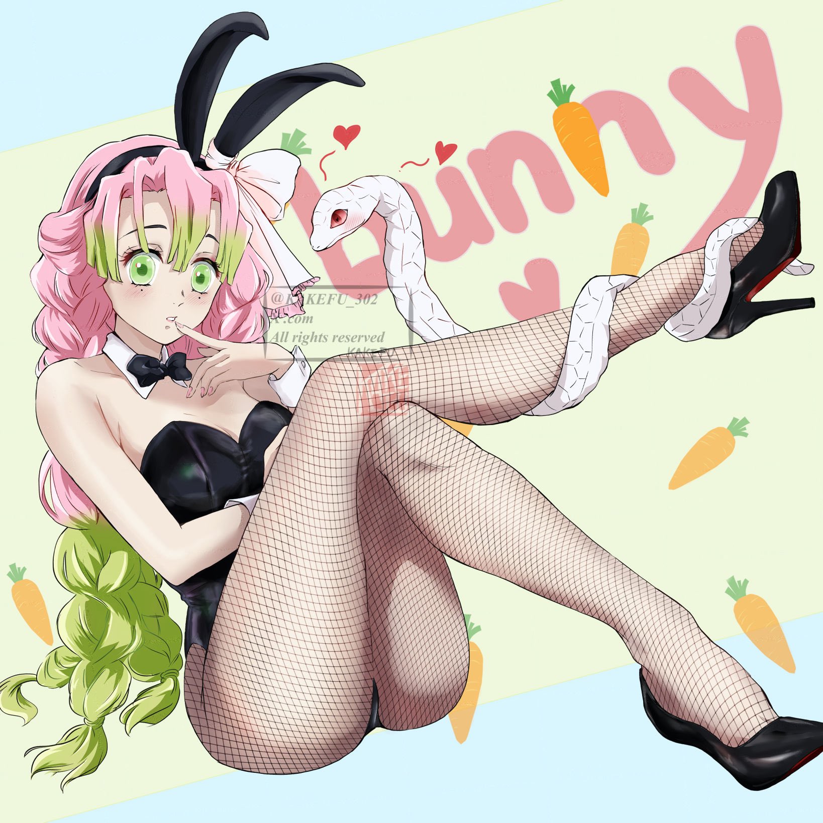 kakefu 302, kanroji mitsuri, kimetsu no yaiba, commentary request, highres, 1girl, alternate costume, animal ear hairband, animal ears, bare shoulders, black bow, black bowtie, black leotard, black shoes, bow, bowtie, braid, breasts, crossed legs, detached collar, english text, fake animal ears, fishnet pantyhose, fishnets, green eyes, green hair, hairband, heart, high heels, legs, leotard, long hair, looking at viewer, mole, mole under each eye, mole under eye, multicolored hair, multiple moles, pantyhose, parted lips, pink hair, playboy bunny, rabbit ear hairband, rabbit ears, shoes, snake, snake wrapped around leg, solo, stiletto heels, strapless, strapless leotard, toe cleavage, twitter username, two-tone hair, watermark, white snake, white wrist cuffs, wrist cuffs