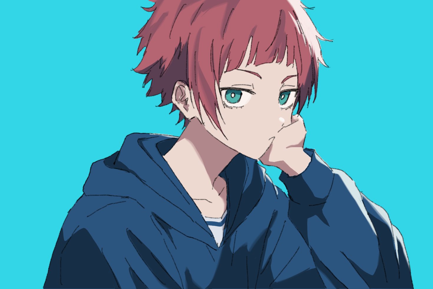 mmuurrii1010, itoshi sae, blue lock, commentary request, korean commentary, 1boy, :/, aqua eyes, blue background, blunt bangs, closed mouth, collarbone, hand on own face, head rest, hood, hood down, hoodie, long sleeves, looking at viewer, lower eyelashes only, male focus, red hair, shirt, simple background, solo, upper body, white shirt