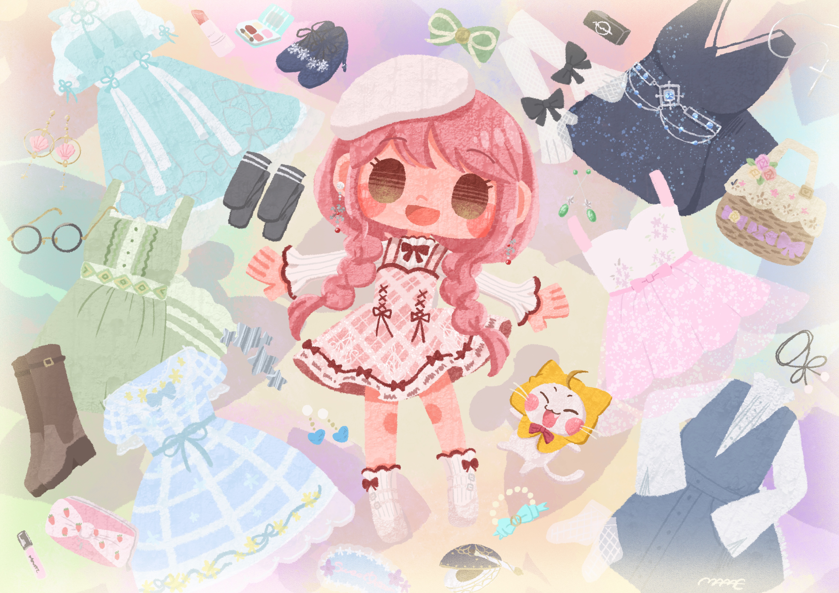 endoumameko, bloom poetry (shining nikki), momo (nikki), nikki (nikki), nikki (series), shining nikki, absurdres, highres, 1girl, ^ ^, ahoge, animal, ankle socks, basket, beret, blush stickers, bow, bow legwear, bowtie, braid, brown eyes, cat, chibi, cloak, closed eyes, clothed animal, clothes writing, collared shirt, colorful background, compact (cosmetics), cosmetics, cross-laced clothes, cross-laced dress, daisy's diary (shining nikki), dress, dress bow, dress ribbon, ear covers, earrings, eyelashes, fang, floating, frilled shirt collar, frills, hair over shoulder, happy, hat, hood, hood up, hooded cloak, jewelry, knees, lipstick tube, long hair, long sleeves, low twin braids, mary janes, open mouth, pinafore dress, pink dress, pink hair, plaid clothes, plaid dress, red bow, red bowtie, red ribbon, ribbon, shirt, shoes, sleeveless, sleeveless dress, sleeves past wrists, smile, snowflake earrings, socks, solid oval eyes, traditional bowtie, twin braids, unworn dress, very long hair, whiskers, white cat, white hat, white shirt, white shoes, white socks, yellow cloak