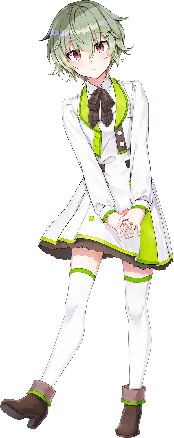 shirako miso, kano shiho, cue!, highres, official art, 1girl, belt, bent over, blush, boots, breasts, brown belt, brown boots, brown ribbon, closed mouth, collared shirt, full body, green hair, hair ornament, hairclip, jacket, leg up, long sleeves, looking at viewer, multicolored jacket, outstretched arms, own hands together, plaid ribbon, red eyes, ribbon, shirt, sidelocks, simple background, small breasts, solo, standing, standing on one leg, tachi-e, thighhighs, transparent background, tsurime, two-tone jacket, two-tone skirt, wavy hair, white jacket, white shirt, white thighhighs