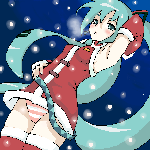 hatsune miku, vocaloid, lowres, 1girl, aqua hair, christmas, female focus, long hair, oekaki, panties, santa costume, solo, striped clothes, striped panties, thighhighs, twintails, underwear, very long hair
