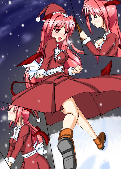 koakuma, embodiment of scarlet devil, touhou, 1girl, breasts, christmas, cloud, comic, female focus, hat, head wings, multiple views, outdoors, santa costume, santa hat, sky, standing, wings