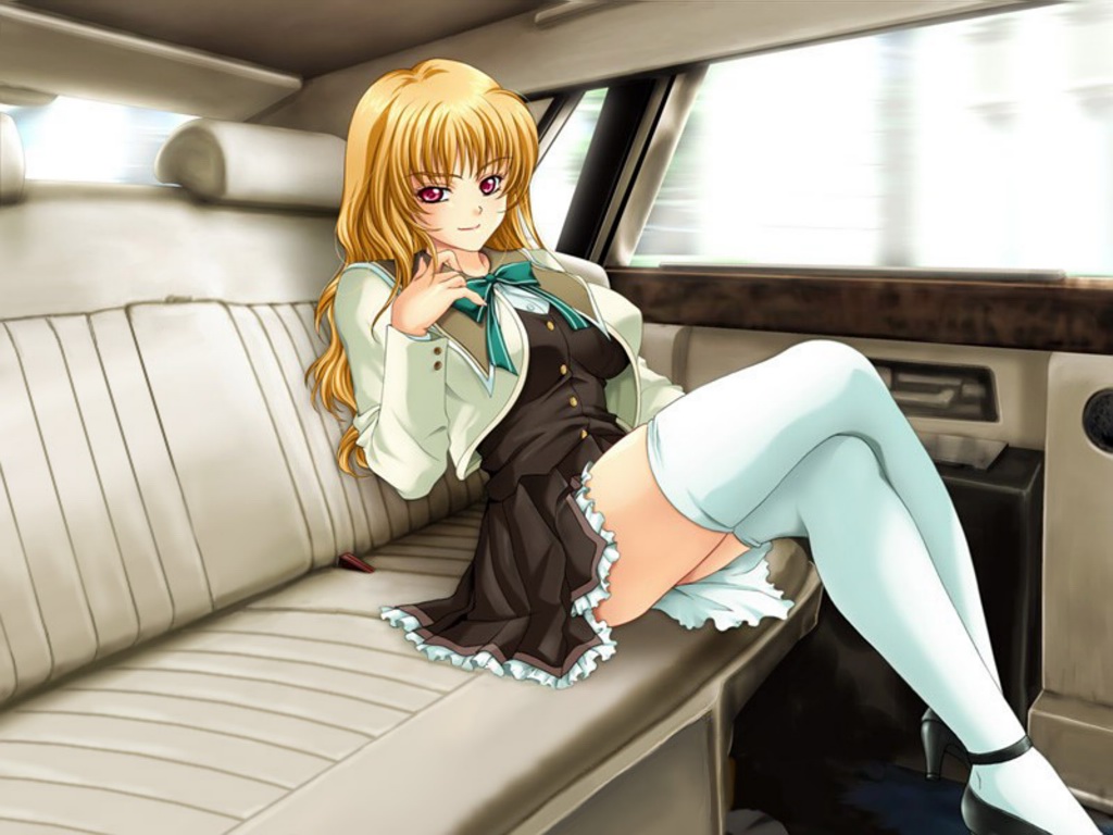 mochizuki nozomu, hououin shouko, ane ore imouto, game cg, jpeg artifacts, 1girl, blonde hair, car, car interior, crossed legs, female focus, high heels, legs, lingerie, long hair, long legs, motor vehicle, naughty face, red eyes, shoes, sitting, solo, thighhighs, thighs, underwear, white thighhighs, zettai ryouiki