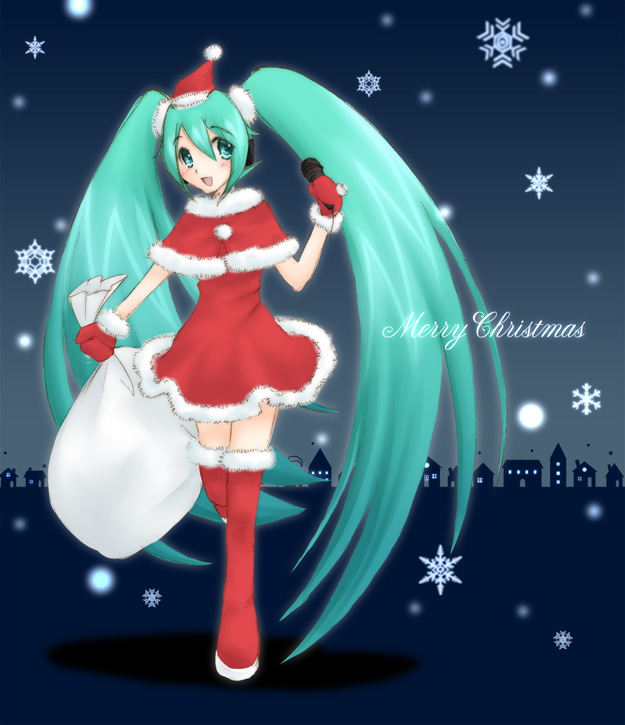 minyo, hatsune miku, vocaloid, 1girl, aqua hair, capelet, christmas, female focus, long hair, santa costume, solo, thighhighs, twintails, very long hair