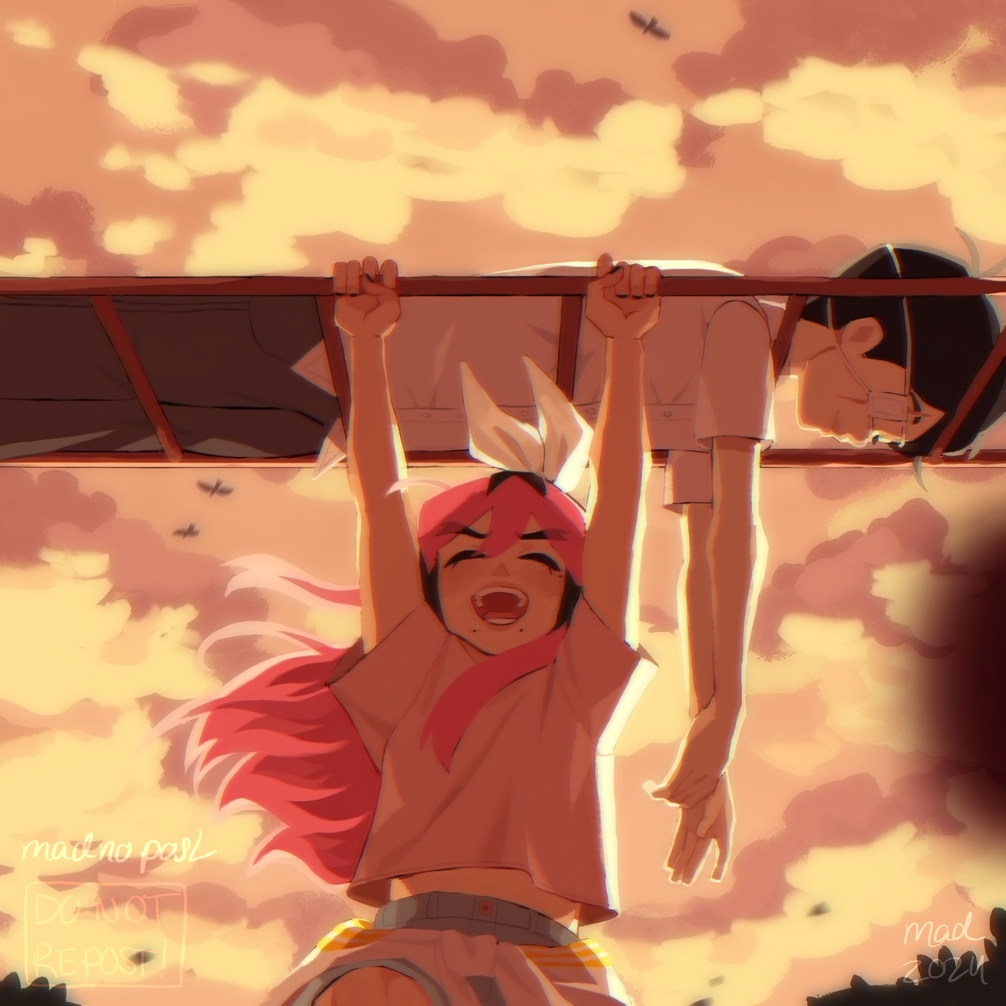 madnopost, aubrey (faraway) (omori), aubrey (omori), sunny (omori), omori, highres, spoilers, 1boy, 1girl, 2024, alternate costume, alternate hair color, arms up, artist name, bird, black hair, blue shorts, closed eyes, clothes around waist, cloud, cloudy sky, denim, denim shorts, double-parted bangs, eyepatch, hair between eyes, hair ribbon, jacket, jacket around waist, long hair, mole, mole under eye, mole under mouth, monkey bars, multicolored hair, open mouth, outdoors, pink hair, ribbon, shirt, short hair, short sleeves, shorts, sky, teeth, two-tone hair, white ribbon, white shirt