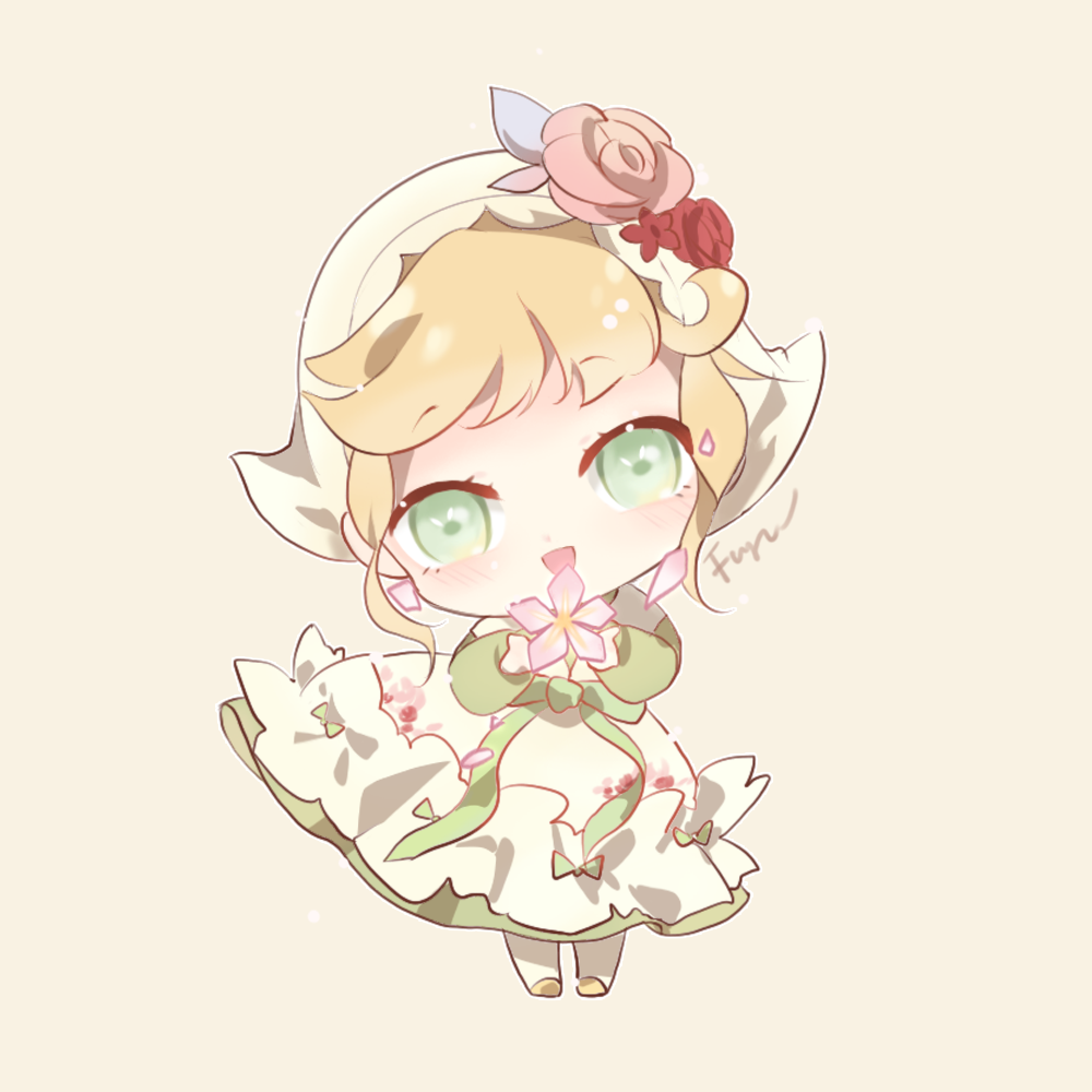 fangwan, nikki (series), shining nikki, 1girl, apron, blonde hair, bow, bow apron, brown background, brown shoes, chibi, country lolita, dot nose, dress, eyelashes, floral print, flower, frilled apron, frilled headwear, frills, green bow, green dress, green eyes, green pastoral (shining nikki), happy, hat, hat flower, head tilt, headscarf, holding, holding flower, light blush, lolita fashion, long dress, long sleeves, open mouth, pantyhose, petals, pink flower, pink rose, puffy long sleeves, puffy sleeves, red flower, red rose, rose, shoes, short hair, simple background, smile, solo, standing, white apron, white headscarf, white pantyhose