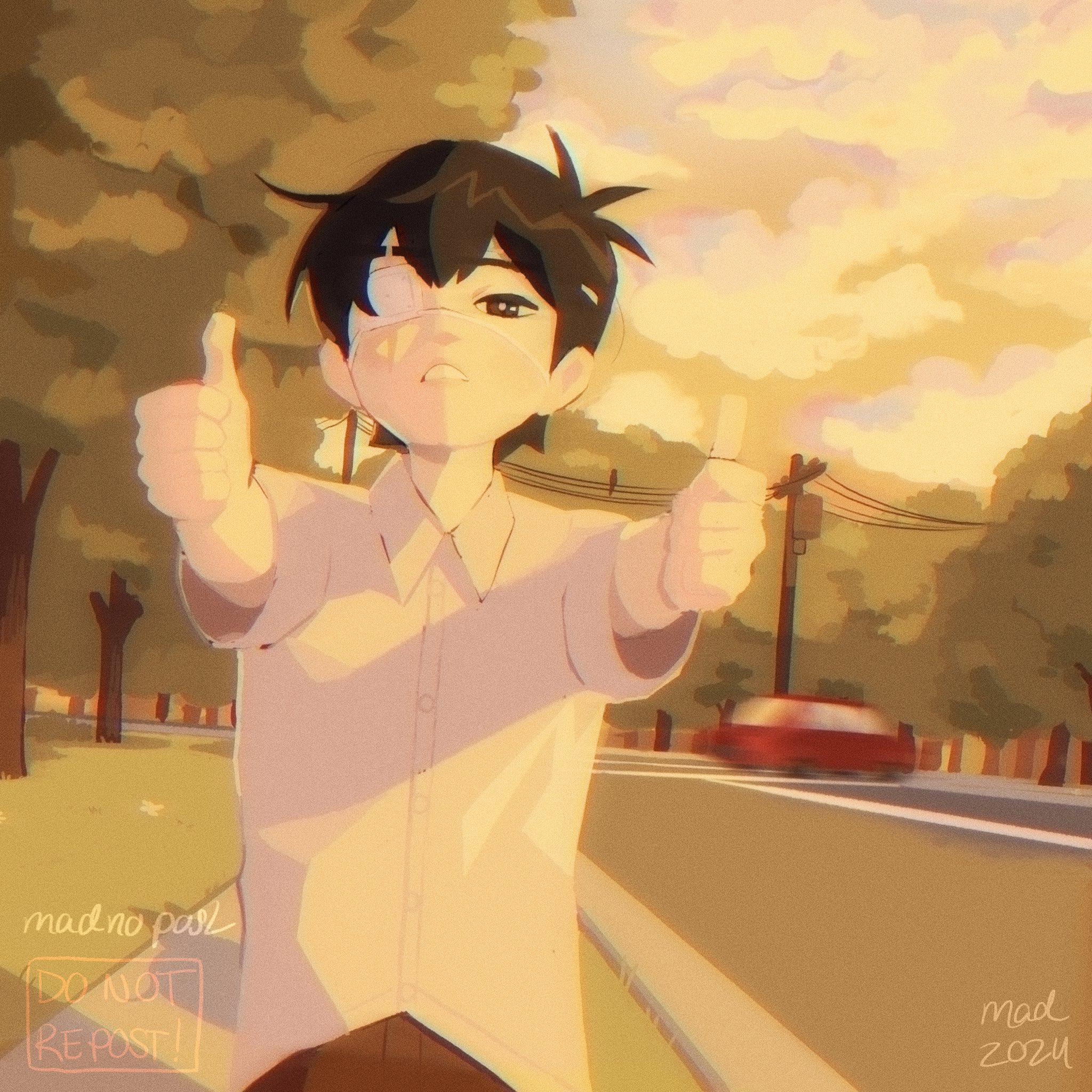 madnopost, sunny (omori), omori, highres, spoilers, 1boy, 2024, antenna hair, artist name, black eyes, black hair, bright pupils, car, cloud, cloudy sky, collared shirt, double thumbs up, eyepatch, looking at viewer, male focus, motor vehicle, outdoors, parted lips, power lines, road, scar, scar across eye, scar on face, shirt, short hair, short sleeves, sky, solo, thumbs up, tree, white pupils, white shirt