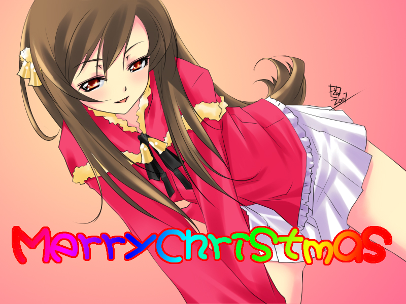 dhuran, derivative work, tagme, brown hair, christmas, red eyes, skirt, solo