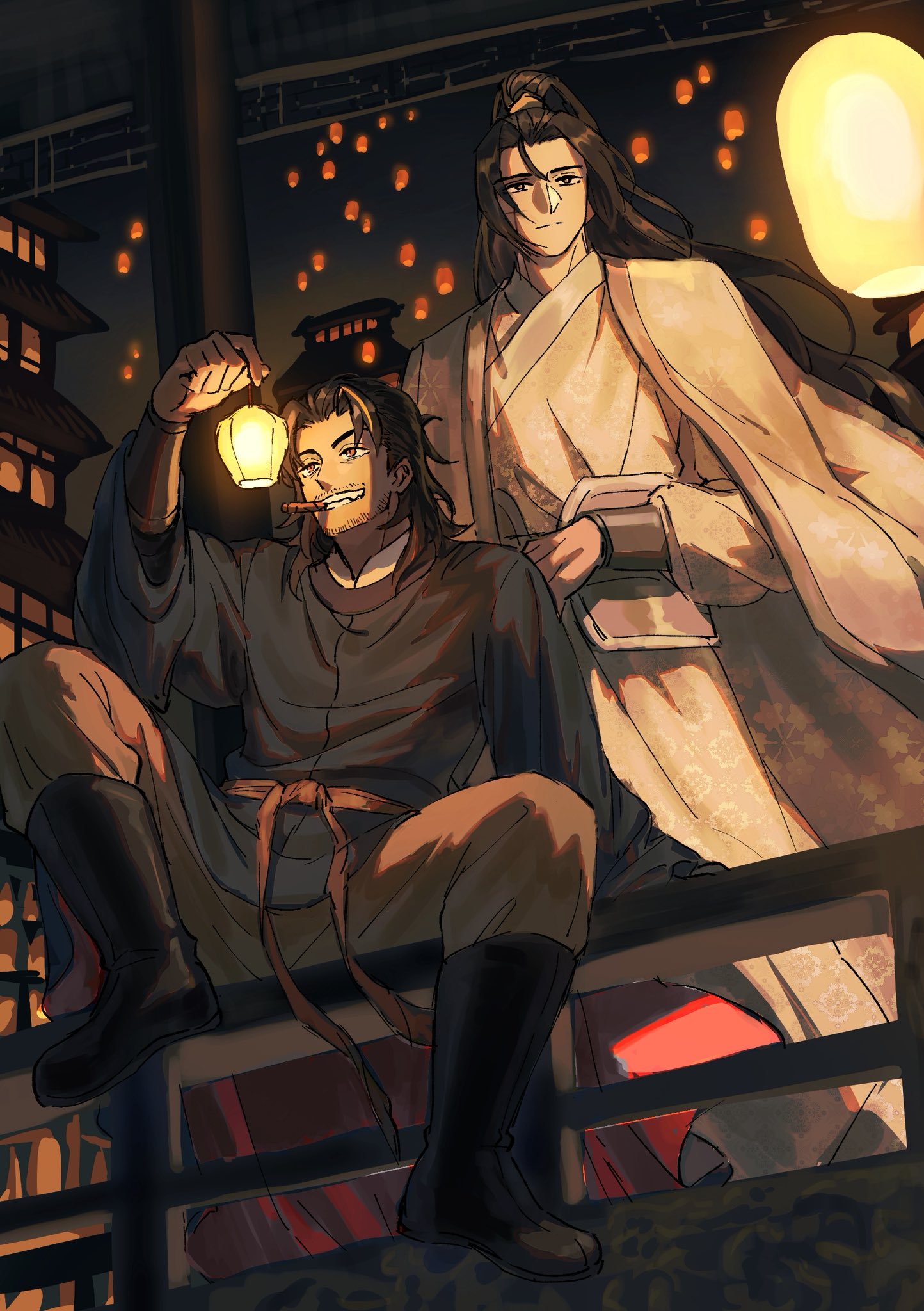 killerohan, jia qiu (project moon), lei heng (project moon), limbus company, project moon, highres, 2boys, :d, alternate costume, baggy pants, beard stubble, black boots, black eyes, black hair, black hanfu, boots, chinese clothes, cigar, facial hair, from below, full body, grin, hair flowing over, hair ornament, hair slicked back, hand on own shoulder, hand up, hanfu, high ponytail, holding, holding lantern, lantern, leaning to the side, long hair, male focus, mullet, multiple boys, night, on railing, open mouth, pants, paper lantern, ponytail, railing, scenery, serious, single hair streak, smile, smoking, stubble, very long hair, white hanfu