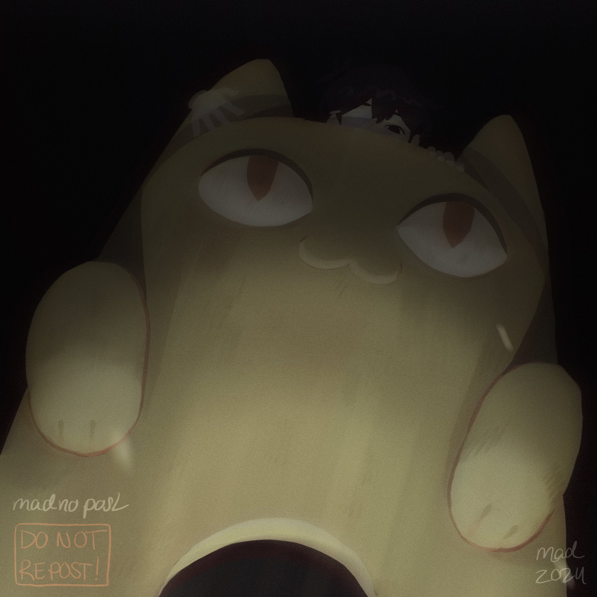 madnopost, big yellow cat (omori), sunny (omori), omori, highres, spoilers, 1boy, 2024, artist name, black eyes, double-parted bangs, eyepatch, looking at viewer, male focus, night, outdoors, short hair, solo