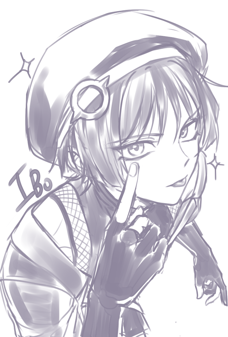 scaramouche (genshin impact), wanderer (genshin impact), genshin impact, 1boy, 49ibo240, :p, akanbe, alternate costume, arm at side, artist name, beret, blunt ends, choppy bangs, eyelashes, eyelid pull, finger to eye, fingernails, fishnet top, fishnets, gloves, greyscale, hand up, hat, hoyofair, idol, index finger raised, jacket, leaning forward, looking at viewer, male focus, monochrome, open clothes, open jacket, partially fingerless gloves, shoulder peek, solo, sparkle, tongue, tongue out, tsurime, white background
