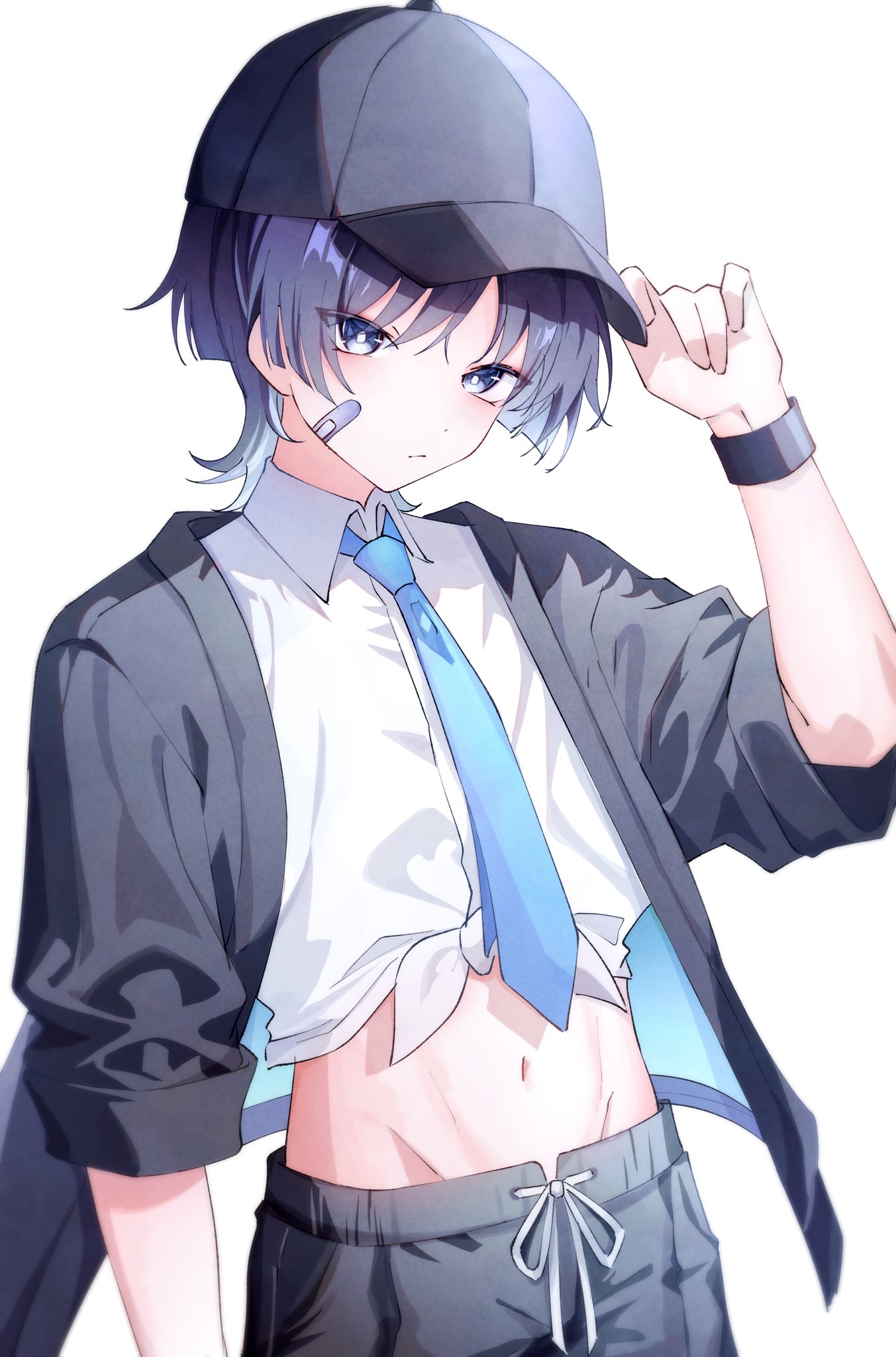 scaramouche (genshin impact), genshin impact, highres, 1boy, alternate costume, arm at side, bandaid, bandaid on cheek, bandaid on face, black hat, black jacket, black shorts, black sleeves, blue jacket, blue necktie, blunt ends, bright pupils, casual, closed mouth, collared shirt, contemporary, drawstring, front-tie top, grey eyes, grey hair, groin, hand up, hat, jacket, kuro774 n, looking at viewer, male focus, midriff, navel, necktie, open clothes, open jacket, peaked cap, shirt, short sleeves, shorts, solo, tsurime, two-sided fabric, two-sided jacket, white background, white pupils, white shirt, wristband