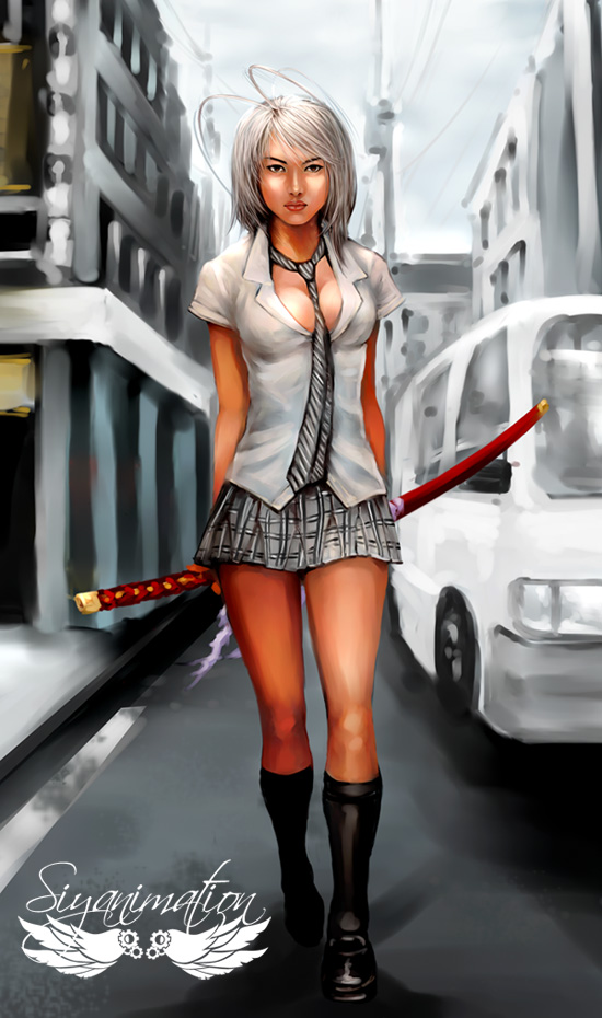 siya oum, natsume maya, tenjou tenge, silver hair, ahoge, miniskirt, necktie, school uniform, serafuku, skirt, solo, sword, weapon