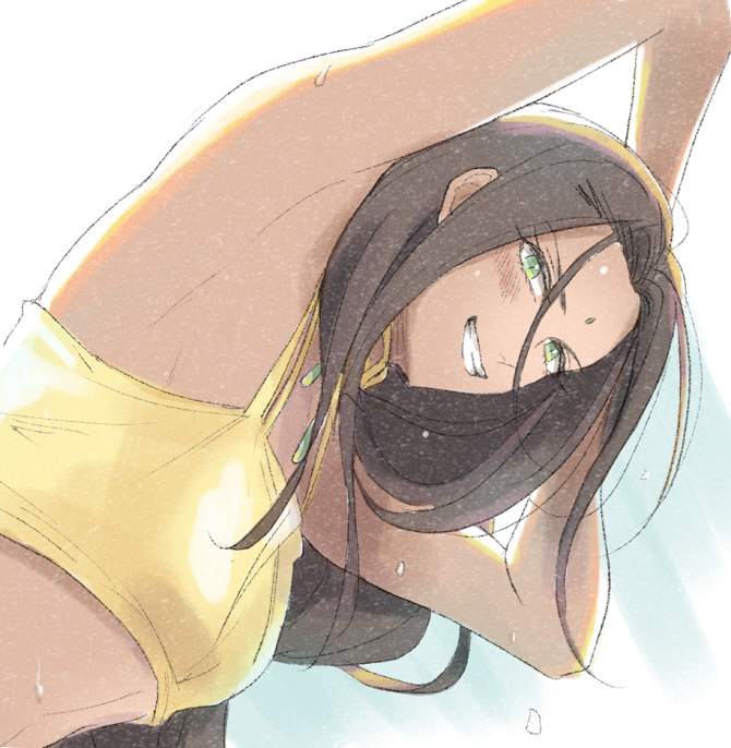 over wassyoi, sania (arc the lad), arc the lad, arc the lad ii, 1girl, armpits, arms up, bare shoulders, breasts, brown hair, crop top, dark-skinned female, dark skin, facial mark, green eyes, jewelry, long hair, looking at viewer, midriff, smile, solo, sweat, tank top