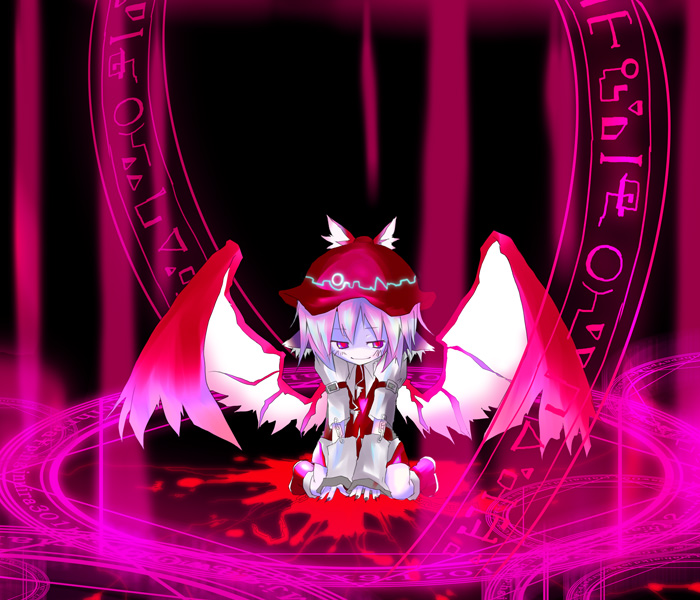 kuroneko no toorimichi, mystia lorelei, touhou, 1girl, animal ears, blood, blush, female focus, fingernails, hat, kneeling, light smile, magic circle, pink hair, red eyes, short hair, solo, wings