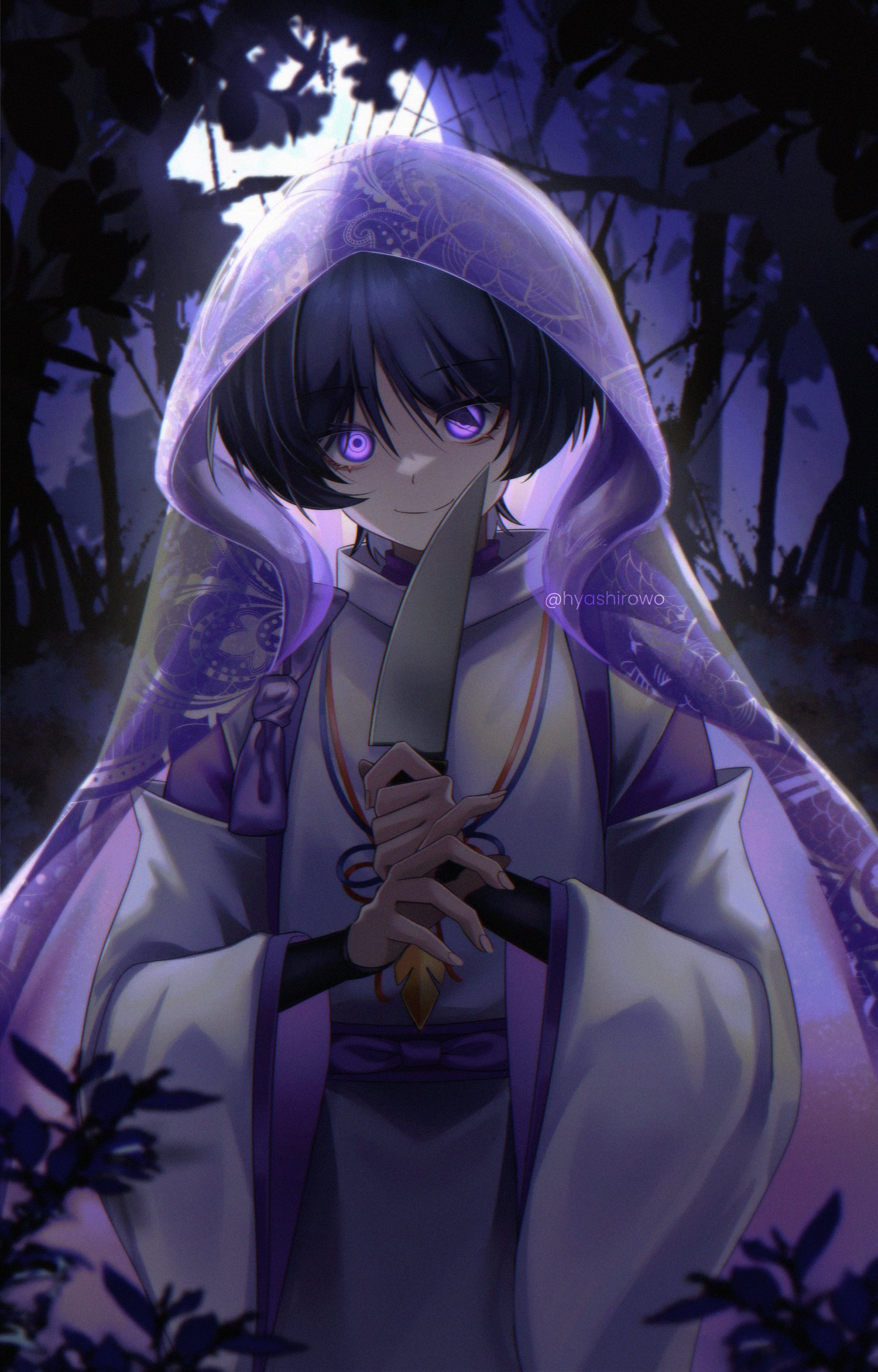 hyashirowo, scaramouche (genshin impact), scaramouche (kabukimono) (genshin impact), genshin impact, highres, 1boy, black hair, blunt ends, bow, closed mouth, clothing cutout, crazy eyes, crazy smile, eyelashes, eyeliner, eyeshadow, feathers, fingernails, floral print veil, foreshortening, full moon, glowing, glowing eyes, holding, holding knife, japanese clothes, kariginu, knife, layered sleeves, long sleeves, looking at viewer, makeup, male focus, moon, moonlight, outdoors, purple bow, purple sash, purple sleeves, purple veil, red eyeliner, red eyeshadow, ringed eyes, sash, see-through clothes, see-through veil, shoulder cutout, smile, solo, split mouth, straight-on, string, tasuki, twitter username, upper body, veil, white sleeves, wide sleeves, yandere, yellow feathers