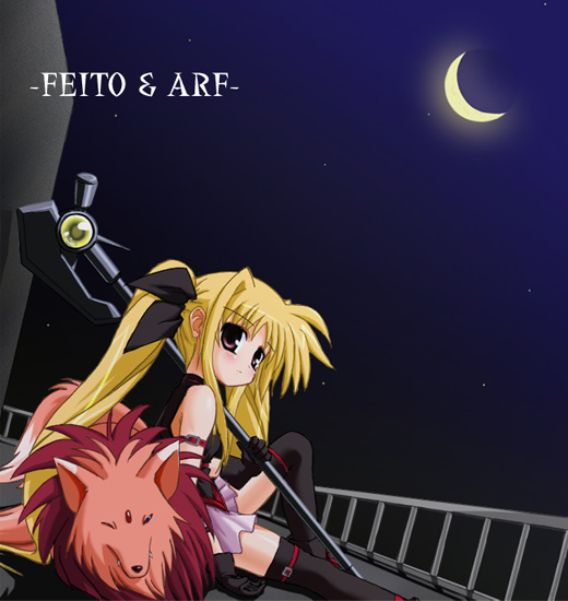 izuno kenta, arf, bardiche (device form) (nanoha), bardiche (nanoha), fate testarossa, fate testarossa (original form), lyrical nanoha, mahou shoujo lyrical nanoha, 00s, 1girl, belt, blonde hair, cape, character name, crescent moon, forehead jewel, gloves, magical girl, moon, star (sky), thighhighs, twintails, wolf