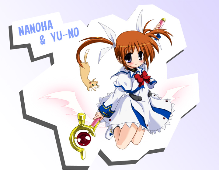izuno kenta, raising heart, raising heart (device mode), takamachi nanoha, takamachi nanoha (original mode), yuuno scrya, lyrical nanoha, mahou shoujo lyrical nanoha, uniform, winged footwear, 00s, 1girl, blush, boots, bow, brown hair, character name, cropped jacket, ferret, hair ribbon, jumping, looking at viewer, magical girl, puffy sleeves, purple eyes, red bow, red hair, ribbon, shoes, skirt, smile, staff, twintails, wings