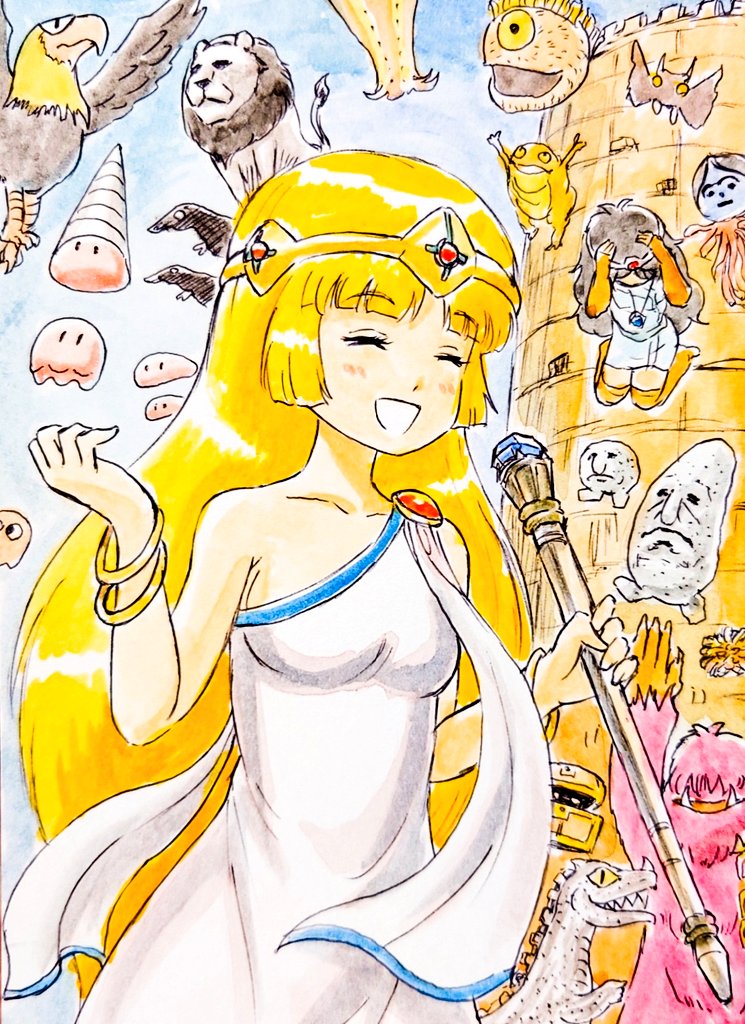 heika (heikahp), ki (druaga), mimic chest, druaga no tou, traditional media, 2girls, bat (animal), bird, black hair, blonde hair, blue sky, bracelet, breasts, circlet, dinosaur, dress, eagle, elbow gloves, gloves, gold bracelet, gold circlet, hands up, holding, holding staff, ishtar (druaga no tou), jewelry, lion, long hair, medium breasts, mimic, monster, multiple bracelets, multiple girls, necklace, open mouth, orange gloves, orange thighhighs, rock, single strap, sky, slime (creature), smile, staff, thighhighs, tight clothes, tight dress, tower, treasure chest, very long hair, white dress, yeti (creature)