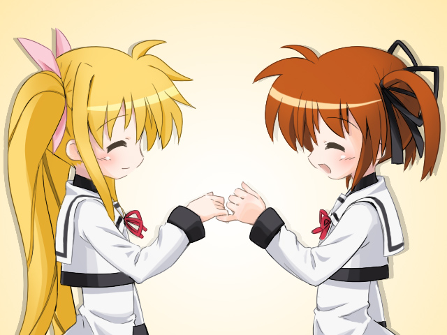 izuno kenta, fate testarossa, takamachi nanoha, lyrical nanoha, mahou shoujo lyrical nanoha, mahou shoujo lyrical nanoha a's, 00s, 2girls, blonde hair, blush, closed eyes, multiple girls, pinky swear, red hair, school uniform, serafuku, twintails