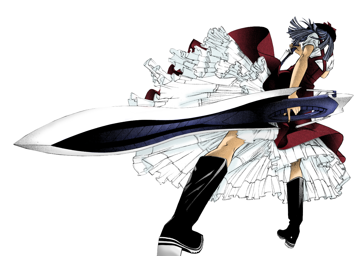 oogure ito, mawari madoka, tenjou tenge, colorized, 1girl, blue hair, bonnet, boots, comic, dress, dual wielding, dutch angle, female focus, frills, from behind, from below, full body, grey hair, hat, holding, huge weapon, knee boots, kneehighs, kneepits, knife, short hair, simple background, socks, solo, sword, transparent background, weapon