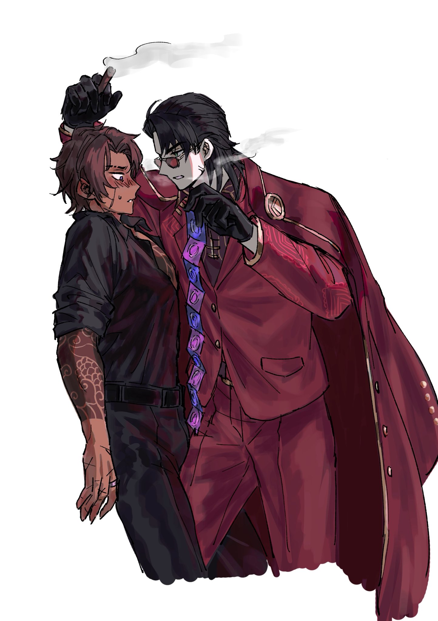 killerohan, heathcliff (project moon), meursault (project moon), kurokumo clan (identity) (project moon), limbus company, project moon, highres, 2boys, against wall, arm tattoo, between legs, black gloves, black hair, black shirt, blush, chest tattoo, cigar, collared shirt, condom, condom wrapper, curtained hair, dark-skinned male, dark skin, gloves, grin, hair slicked back, holding, holding cigar, implied yaoi, irezumi, jacket, jacket on shoulders, leaning back, mullet, multiple boys, multiple scars, official alternate costume, open clothes, open shirt, red-tinted eyewear, red jacket, red shirt, red vest, scar, scar on arm, scar on hand, shirt, short hair, sleeves rolled up, smile, smoking, sweat, tattoo, thumb (identity) (project moon), tinted eyewear, vest