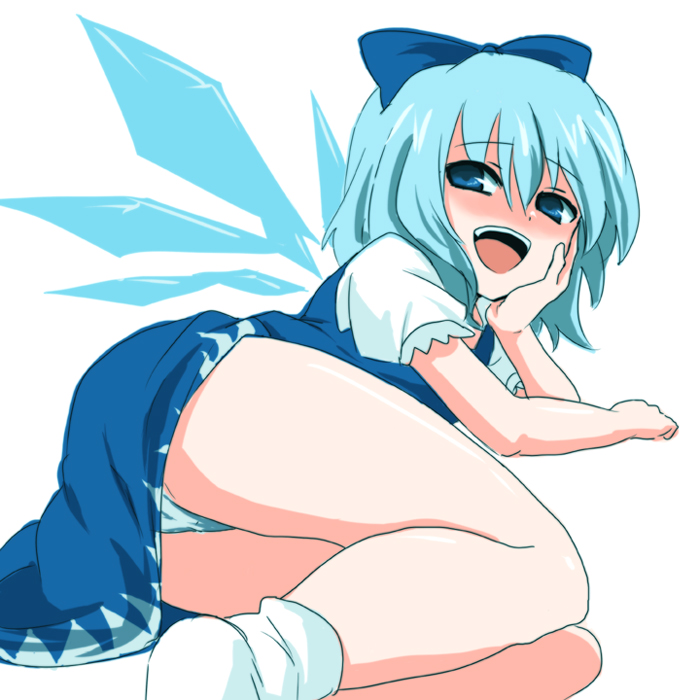 ica, cirno, embodiment of scarlet devil, touhou, pantyshot (lying), 1girl, arm support, blue eyes, blue hair, blush, bow, female focus, legs, lying, naughty face, on side, open mouth, panties, pantyshot, simple background, smile, smug, solo, underwear, wings