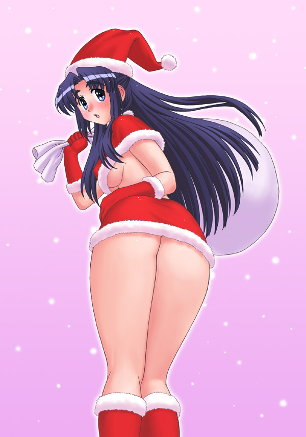 tofu juuji, asakura ryoko, suzumiya haruhi no yuuutsu, 00s, 1girl, ass, bag, blue eyes, blue hair, blush, breasts, christmas, female focus, flapper shirt, from behind, from below, gloves, hat, long hair, looking back, matching hair/eyes, red gloves, sack, santa costume, santa hat, shirt, skirt, solo, thighs, underboob