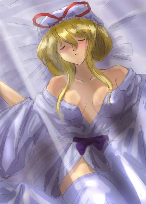 flx, yakumo yukari, touhou, 1girl, alternate costume, blonde hair, breasts, closed eyes, collarbone, female focus, hat, hat ribbon, medium breasts, mob cap, off shoulder, open clothes, red ribbon, ribbon, sleeping, solo, white hat