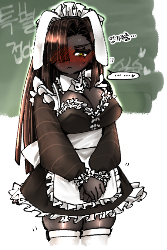 zilu (project moon), limbus company, project moon, …, 1girl, :<, alternate costume, animal ears, apron, black dress, black hair, blush, bow, breasts, cleavage, cleavage cutout, clothing cutout, dark-skinned female, dark skin, dress, enmaided, frilled apron, frilled dress, frills, full-face blush, hair over one eye, large breasts, long hair, long sleeves, looking at viewer, maid, maid apron, maid headdress, rabbit ears, simple background, solo, standing, thighhighs, udiedguy, upper body, very dark skin, white apron, white background, white bow, white thighhighs, yellow eyes
