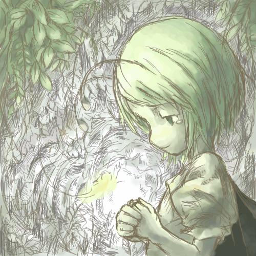 inuinu (project october), ken makiba, wriggle nightbug, touhou, lowres, 1girl, antennae, cape, female focus, green eyes, green hair, green theme, leaf, matching hair/eyes, oekaki, solo, tears