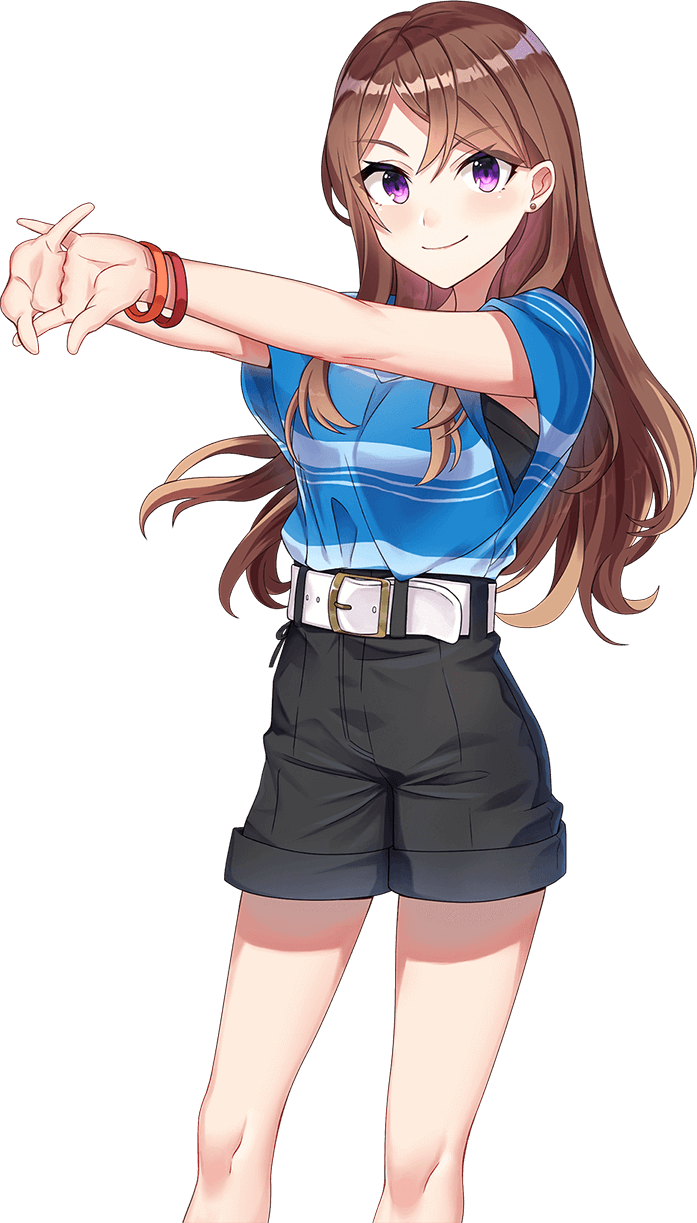 shirako miso, tsukii honoka, cue!, highres, official art, 1girl, belt, black shirt, black shorts, blue shirt, blush, breasts, brown hair, closed mouth, cowboy shot, hands up, long hair, long sidelocks, looking at viewer, medium breasts, outstretched arms, own hands together, parted bangs, piercing, purple eyes, shirt, short sleeves, shorts, sidelocks, simple background, smile, solo, standing, striped clothes, striped shirt, tachi-e, tented shirt, transparent background, two-tone shirt, v-shaped eyebrows, very long hair, white belt