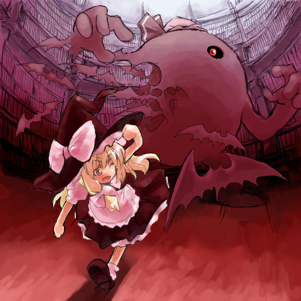 inuinu (project october), ken makiba, kirisame marisa, remilia scarlet, yellow devil (mega man), capcom, mega man (classic), mega man (series), touhou, 1girl, bat (animal), blonde hair, crossover, library, parody, voile