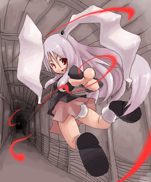 inuinu (project october), ken makiba, reisen udongein inaba, touhou, 1girl, animal ears, female focus, flying, hallway, looking back, oekaki, panties, pantyshot, pointing, rabbit ears, solo, underwear