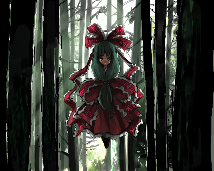 inuinu (project october), ken makiba, kagiyama hina, touhou, 1girl, female focus, flying, forest, front ponytail, looking at viewer, nature, oekaki, shaded face, solo