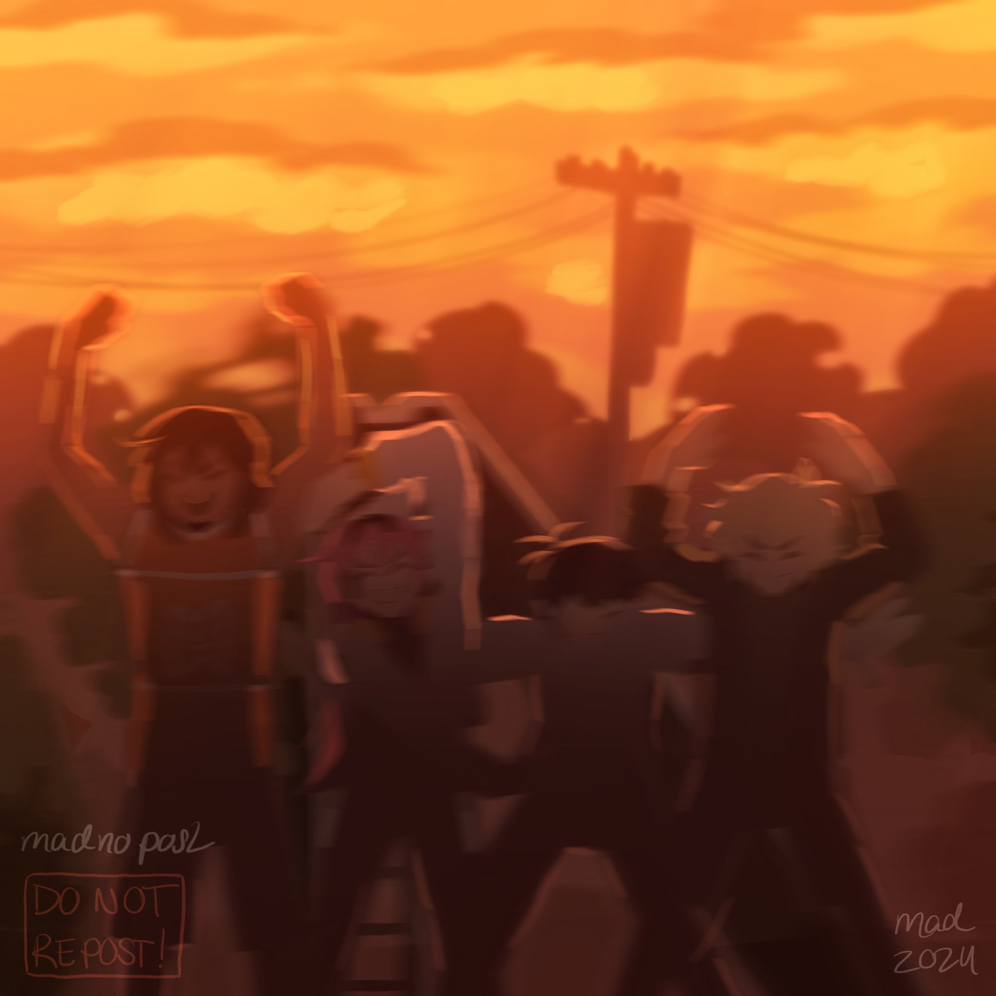 madnopost, aubrey (faraway) (omori), aubrey (omori), basil (faraway) (omori), basil (omori), kel (faraway) (omori), kel (omori), sunny (omori), omori, highres, 1girl, 2024, 3boys, alternate hair color, arms up, artist name, black hair, blonde hair, blurry, brown hair, dark-skinned male, dark skin, long hair, multicolored hair, multiple boys, open mouth, outdoors, pink hair, power lines, ribbon, short hair, smile, sunset, two-tone hair, white ribbon