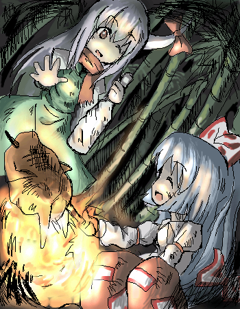 inuinu (project october), ken makiba, fujiwara no mokou, kamishirasawa keine, touhou, lowres, 2girls, bonfire, campfire, cooking, female focus, fire, multiple girls, oekaki